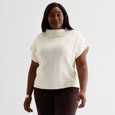 Liz Claiborne Plus Womens Cowl Neck Short Sleeve Pullover Sweater In White