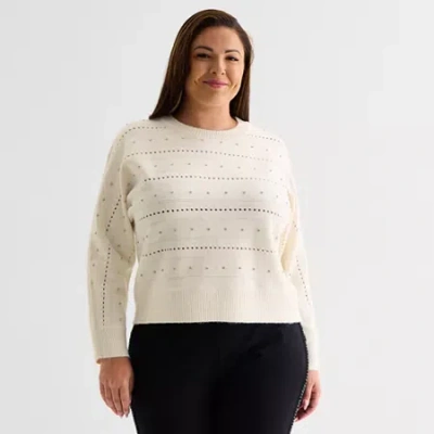 Liz Claiborne Plus Womens Crew Neck Long Sleeve Pullover Sweater In White