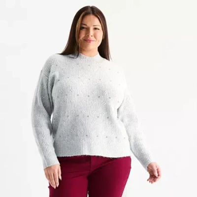 Liz Claiborne Plus Womens Crew Neck Long Sleeve Pullover Sweater In Gray