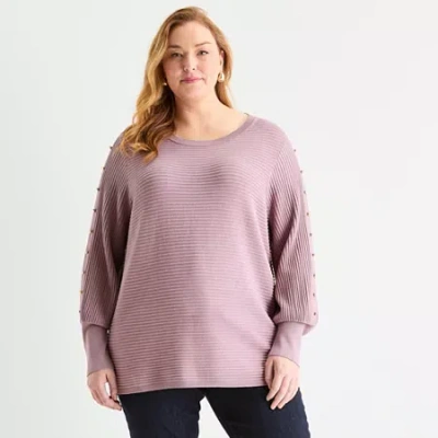 Liz Claiborne Plus Womens Crew Neck Long Sleeve Pullover Sweater In Purple