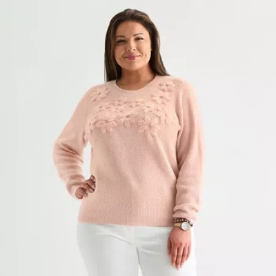 Liz Claiborne Plus Womens Crew Neck Embellished Long Sleeve Pullover Sweater In Pink