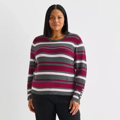 Liz Claiborne Plus Womens Round Neck Long Sleeve Striped Pullover Sweater In Gray