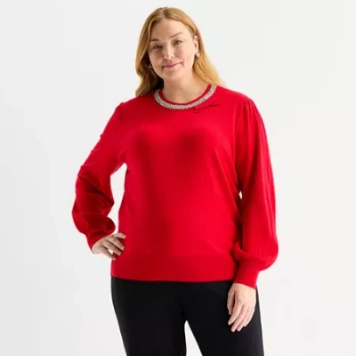 Liz Claiborne Plus Womens Crew Neck Embellished Long Sleeve Pullover Sweater In Red
