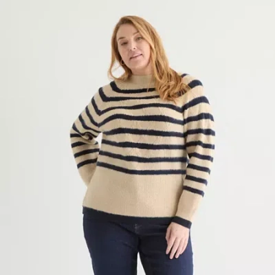 Liz Claiborne Plus Womens Crew Neck Long Sleeve Striped Pullover Sweater In Sand