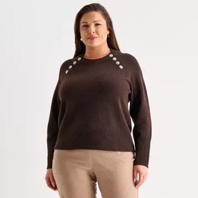 Liz Claiborne Plus Womens Crew Neck Long Sleeve Pullover Sweater In Brown
