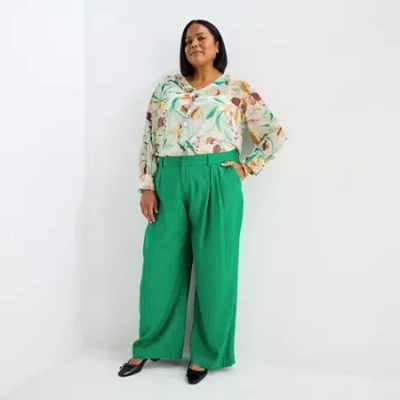 Liz Claiborne Womens Plus Wide Leg Mid Rise Pull-on Pant In Green