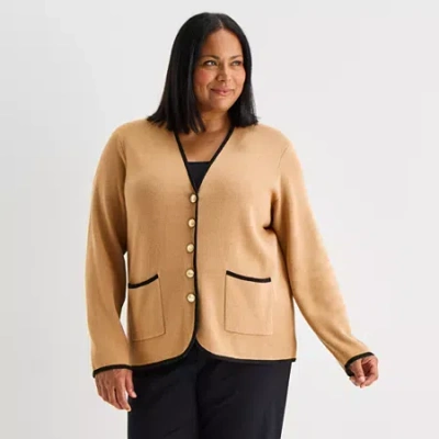 Liz Claiborne Womens V Neck Long Sleeve Button Plus Cardigan In Brown