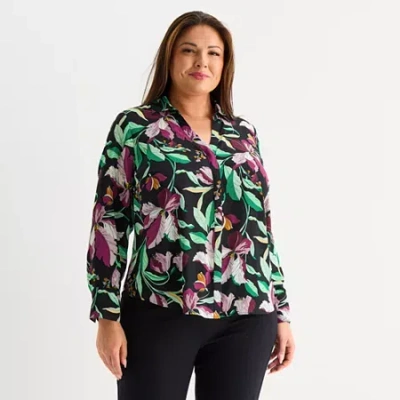 Liz Claiborne Womens Plus Fitted Long Sleeve Regular Fit Button-down Shirt In Black