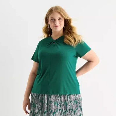 Liz Claiborne Womens Plus Keyhole Neck Short Sleeve Blouse In Green