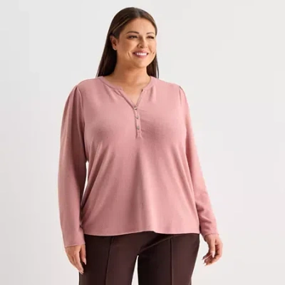 Liz Claiborne Womens Plus Split Crew Neck Long Sleeve Blouse In Pink