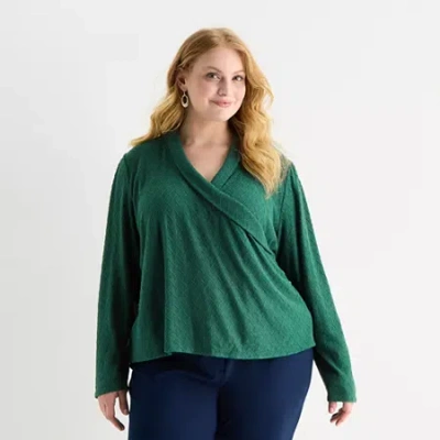 Liz Claiborne Womens Plus V Neck Long Sleeve Blouse In Green