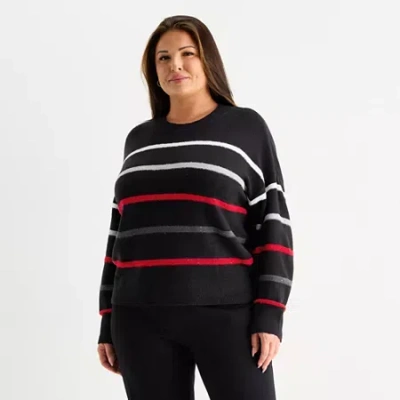 Liz Claiborne Plus Womens Crew Neck Long Sleeve Striped Pullover Sweater In Black