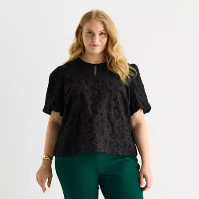 Liz Claiborne Womens Plus Keyhole Neck Elbow Sleeve Blouse In Black