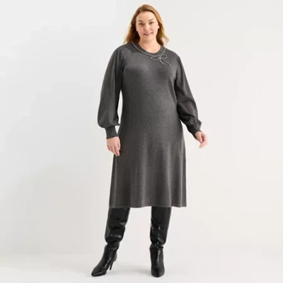 Liz Claiborne Womens Plus Long Sleeve Midi Sweater Dress In Gray