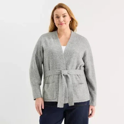 Liz Claiborne Womens Long Sleeve Open Front Plus Cardigan In Animal Print