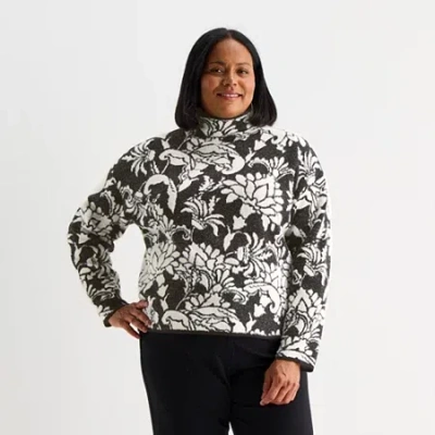 Liz Claiborne Plus Womens Funnel Neck Long Sleeve Floral Pullover Sweater In Black