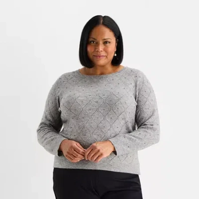 Liz Claiborne Plus Womens Crew Neck Long Sleeve Pullover Sweater In Gray