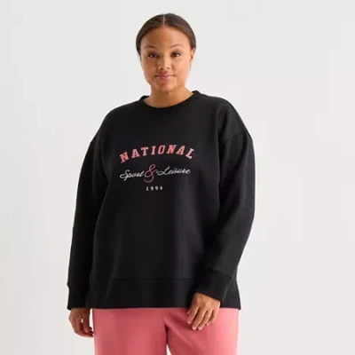 Xersion Womens Oversized Super Soft Fleece Graphic Crewneck Sweatshirt Plus In Black