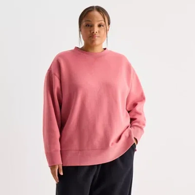 Xersion Womens Oversized Super Soft Fleece Crewneck Sweatshirt Plus In Pink