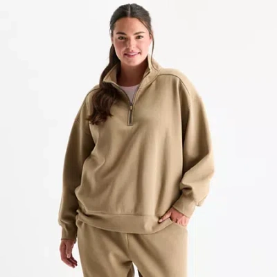 Xersion Womens Oversized Super Soft Fleece Half Zip Pullover Plus In Brown