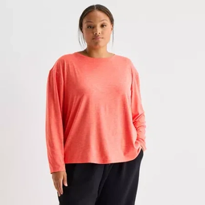 Xersion Womens Plus Everyday Pleated Back Crew Neck Long Sleeve Quick Dry Active T-shirt In Red