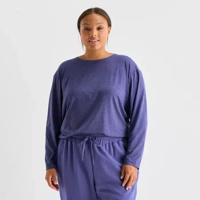Xersion Womens Plus Everyday Pleated Back Crew Neck Long Sleeve Quick Dry Active T-shirt In Blue