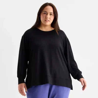 Xersion Womens Soft French Terry Crew Neck Long Sleeve Sweatshirt Plus In Black