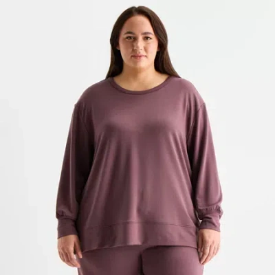 Xersion Womens Soft French Terry Crew Neck Long Sleeve Sweatshirt Plus In Brown