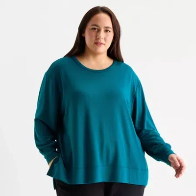 Xersion Womens Soft French Terry Crew Neck Long Sleeve Sweatshirt Plus In Green