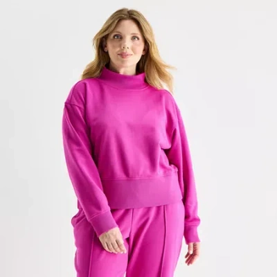 Xersion Womens Classic French Terry Mock Neck Pullover Plus In Pink