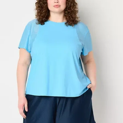 Xersion Womens Mesh Round Neck Short Sleeve T-shirt Plus In Blue