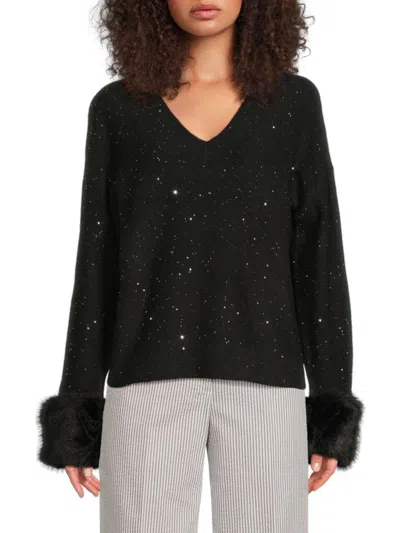 Saks Fifth Avenue Women's Faux-fur-trim Sequined Sweater In Black
