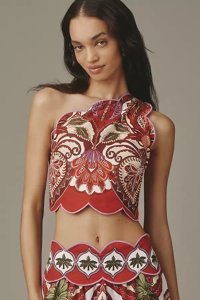 Farm Rio Odara One-shoulder Scalloped Printed Linen-blend Top In Multi