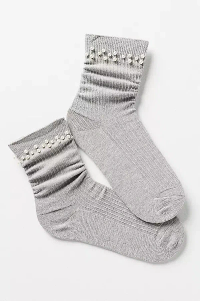 By Anthropologie Pearl-embellished Ribbed Trouser Socks In Gray