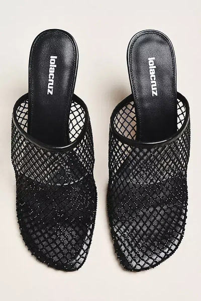 Lola Cruz Rhinestone Netted Mule Heels In Black