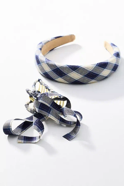 By Anthropologie Plaid Headband & Bow Hair Claw Clip Set In Blue