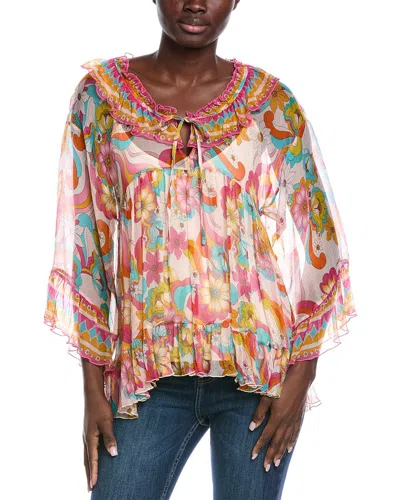 Johnny Was Gal Ruffle Tie Silk Blouse In Multi