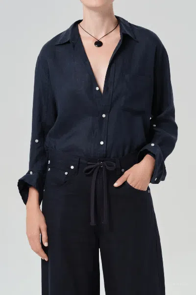 Citizen Of Humanity Kayla Shrunken Linen Shirt In True Navy