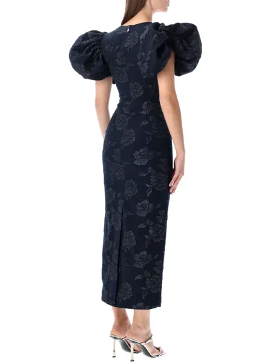 Rotate Birger Christensen Midi Puff Dress Flower Intarsia In Blue