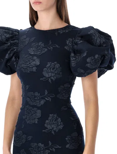 Rotate Birger Christensen Midi Puff Dress Flower Intarsia In Blue