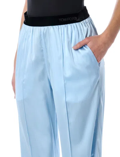 Tom Ford Silk Satin Relaxed Pijama Trousers Waistband In Blue