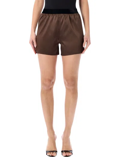 Tom Ford Silk Satin Relaxed Waistband Shorts In Brown