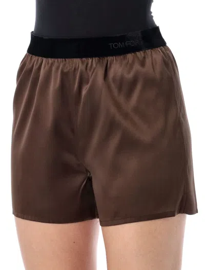 Tom Ford Silk Satin Relaxed Waistband Shorts In Brown