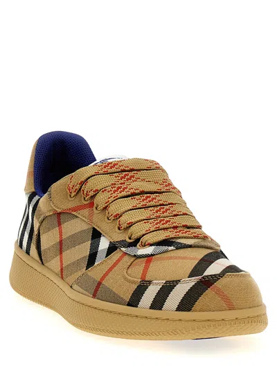 Burberry Men Beige Low Top Sneakers With Check Motif In Mixed Tech Fabrics Man In Brown