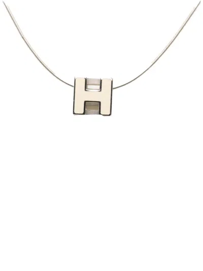 Pre-owned Hermes 2000-2020 Palladium Plated Enamel Cage Dh Cube Necklace Costume Necklace In White