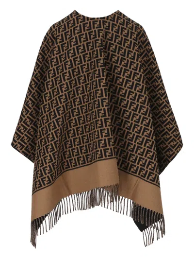 Fendi Jacquard-pattern Fringed Poncho In Brown