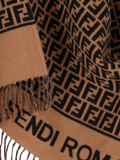Fendi Jacquard-pattern Fringed Poncho In Brown