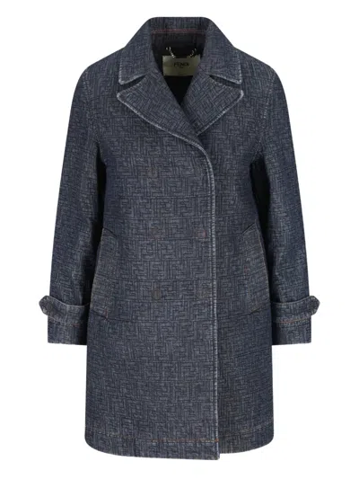 Fendi Quilted Double-breasted Denim Coat In Blue