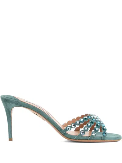 Aquazzura Tequila Mule Embellished Straps Open Toe Stiletto In Blue