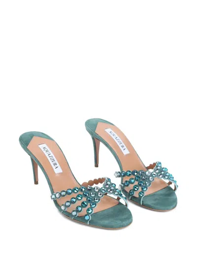 Aquazzura Tequila Mule Embellished Straps Open Toe Stiletto In Blue